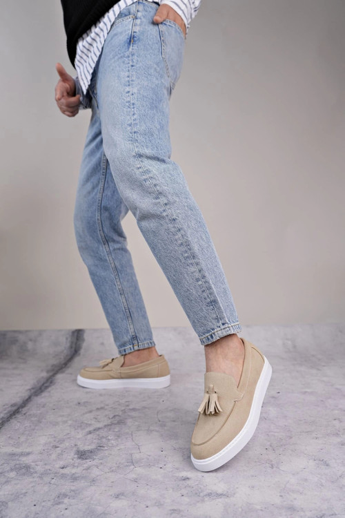 Slw153 Bloom Bağcıksız Püsküllü Süet Erkek Günlük Spor Klasik Ayakkabı Sbt - Krem