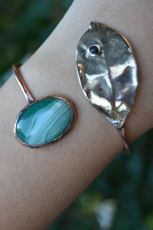 Jewellery Yeşil Akik Taşlı Tasarım Bileklik Yeşil - Beyaz