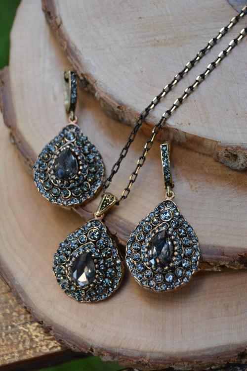 Jewellery Zirkon Taşlı Otantik Bayan Kolye Küpe Set Yeşil