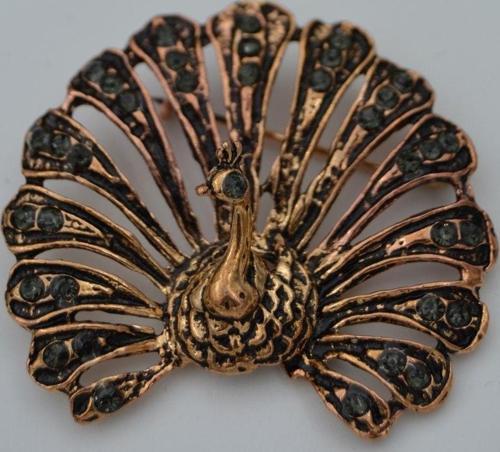 Tavus Kuşu Bronz Zirkon Taşlı Broş Bronz