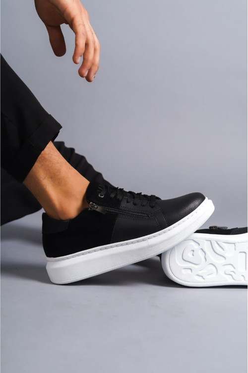 Slw155 Warrior Bağcıklı Ve Fermuarlı Cilt Süet Erkek Günlük Sneaker Ayakkabı Bt Siyah