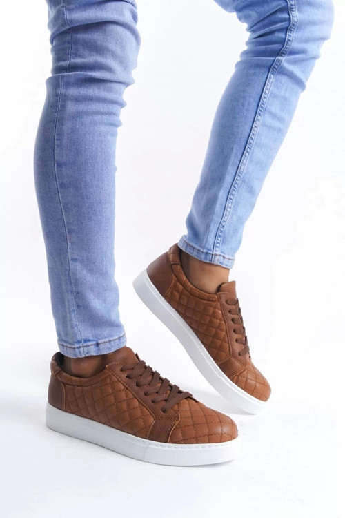 Slw166 Prestige Bağcıklı Cilt Kapitone Desenli Erkek Günlük Sneaker Ayakkabı Cbt - Taba