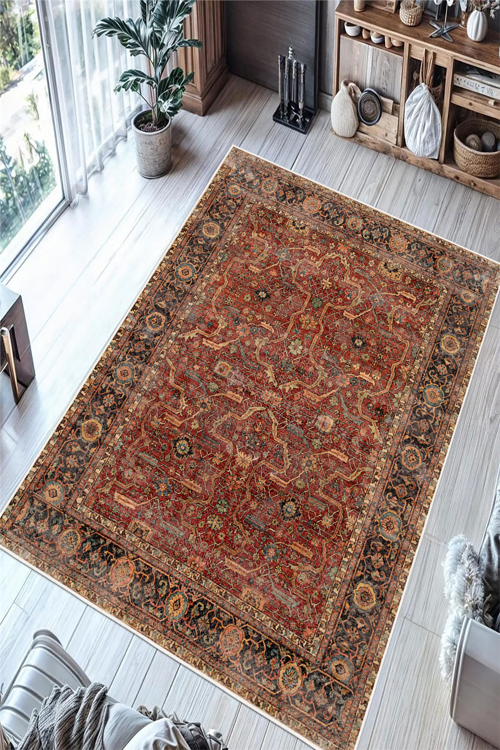 Eskitme Vintage Desen Baskılı Yıkanabilir Kaymaz Şönil Halı Salon Oturma Odası Mutfak Halısı Yolluk