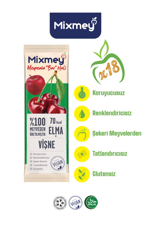 Vişne Meyve Barı 18 Adet | Sağlıklı Atıştırmalıklar – Vegan, Glutensiz, Koruyucusuz (20GR X 18 ADET)