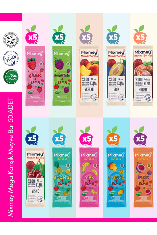 Mega Karışık Meyve Bar Paketi 50 Adet | Sağlıklı Atıştırmalıklar – Vegan, Glutensiz (20GR x 50 ADET)