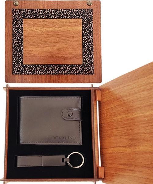 Ahşap Kutulu Cüzdan Mat Siyah Anahtarlık Dekoratif Hediyelik