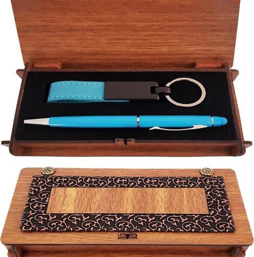 Ahşap Kutulu Kalem Anahtarlık Mavi Set Dekoratif Hediyelik