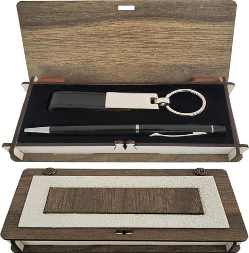 Ahşap Kutulu Siyah Anahtarlık Kalem Set Dekoratif Hediyelik