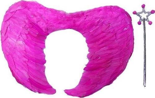 Gerçek Tüylü Katlanabilir Çocuk Pembe Melek Kanadı ve Asa Seti 40x55 cm
