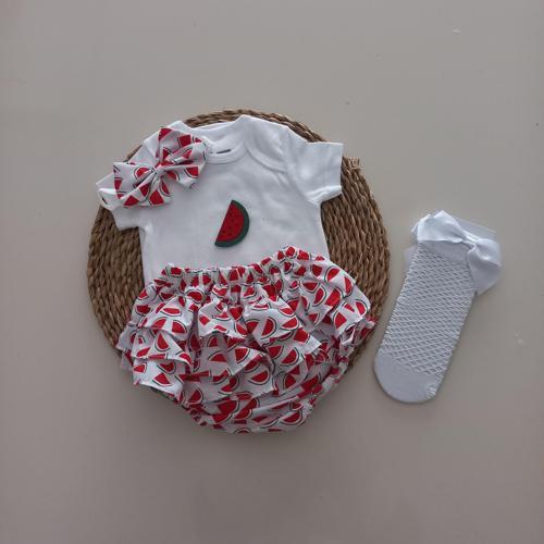 Kız Bebek Karpuz Fırfır Şort Etek Bodyli Beyaz File Çorap Takımı