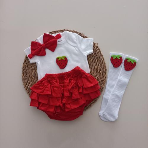 Kız Bebek Kırmızı Çilek Fırfır Şort Etek Bodyli Çorap Takımı