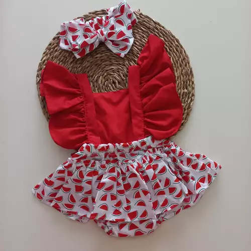 Kız Bebek Kırmızı Karpuz Desenli Fırfırlı Salopet Bandana Takım