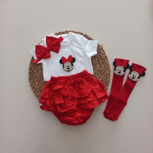 Kız Bebek Kırmızı Minnie'li Fırfır Şort Etek Bodyli Çorap Takımı
