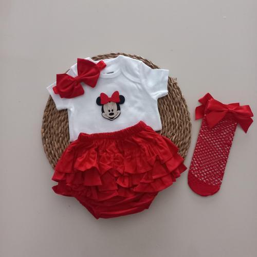 Kız Bebek Kırmızı Minnie'li Fırfır Şort Etek Bodyli Kırmızı File Takımı