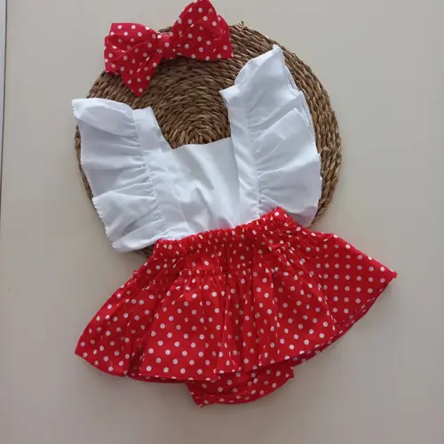 Kız Bebek Kırmızı Puantiye Desenli Fırfırlı Salopet Bandana Takım