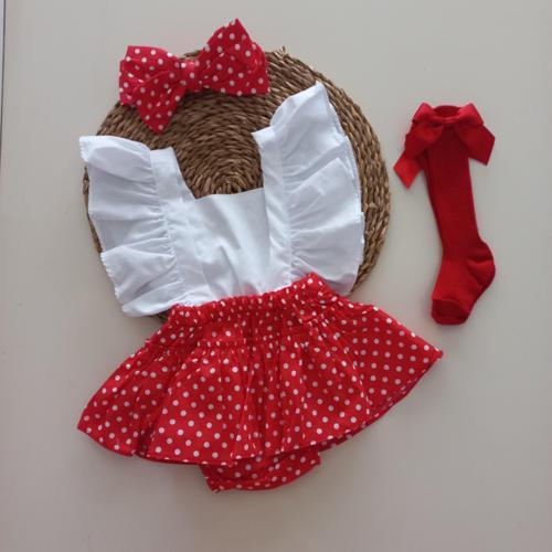 Kız Bebek Kırmızı Puantiyeli Fırfırlı Salopet Bandana Fiyonklu Çorap Takım