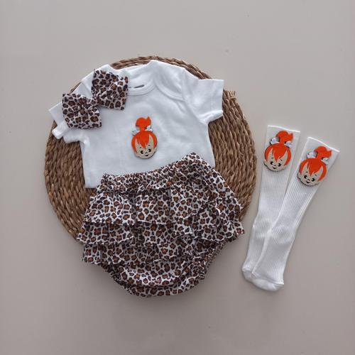 Kız Bebek Leopar Çakıl Fırfır Şort Etek Bodyli Çorap Takımı
