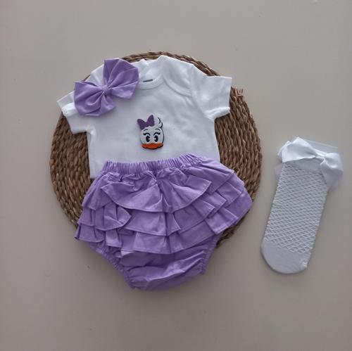 Kız Bebek Lila Daisy Fırfır Şort Etek Bodyli Beyaz File Takımı