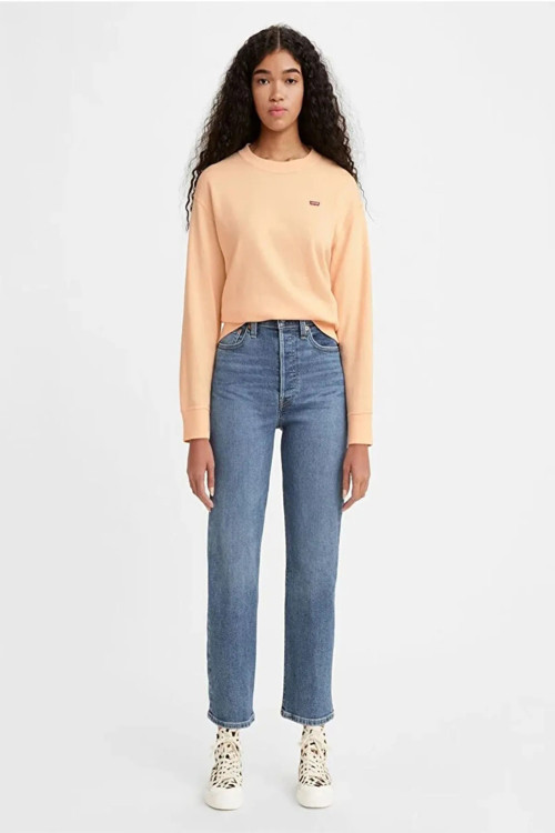 Ribcage Pamuklu Yüksek Bel Straight Fit Düz Kısa Paça Jeans Bayan Kot Pantolon A7743-0001 AÇIK MAVİ