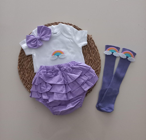Kız Bebek Lila Gökkuşağı Fırfır Şort Etek Bodyli Çorap Takımı