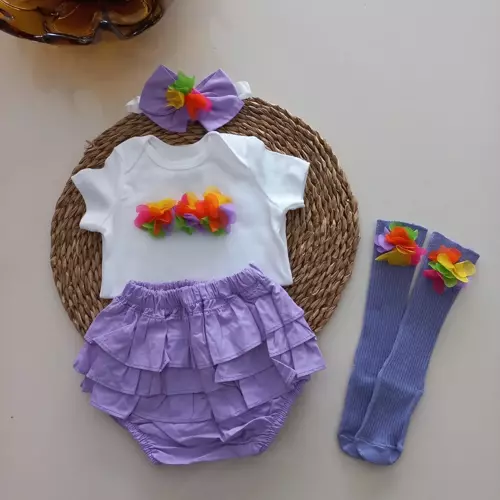 Kız Bebek Lila Potpori Fırfırşort Etek Bandana Çorap Takım