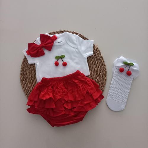 Kız Bebek Ponpon Kiraz Fırfır Şort Etek Bodyli Beyaz File Takımı