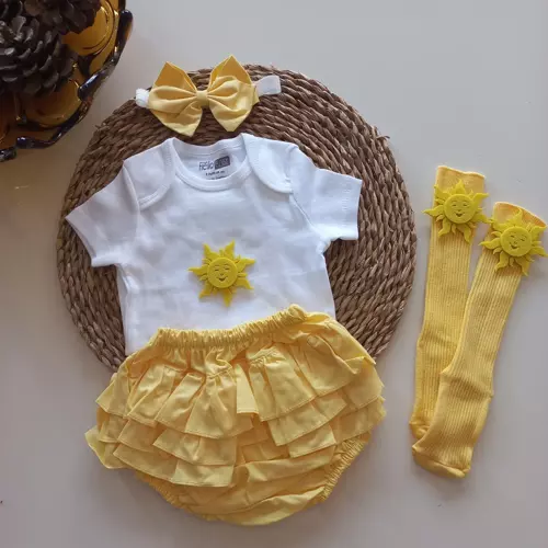 Kız Bebek Sarı Fırfırşort Etek Bandana Güneş Figürlü Çorap Set