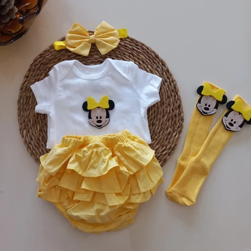 Kız Bebek Sarı Fırfırşort Etek Bandana Minnie Mouse Figürlü Çorap Set