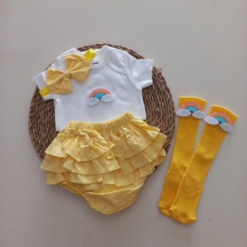 Kız Bebek Sarı Gökkuşaklı Fırfır Şort Etek Bodyli Çorap Takımı