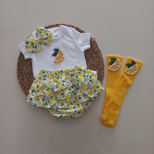 Kız Bebek Sarı Limonlu Fırfır Şort Etek Bodyli Çorap Takımı