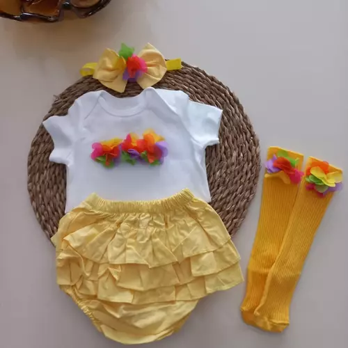 Kız Bebek Sarı Potpori Fırfırşort Etek Bandana Çorap Takım