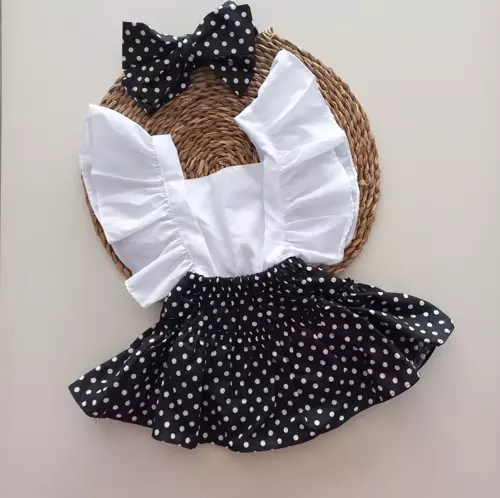 Kız Bebek Siyah Puantiye Desenli Fırfırlı Salopet Bandana Takım