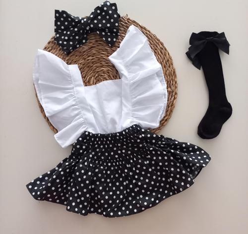 Kız Bebek Siyah Puantiyeli Fırfırlı Salopet Bandana Fiyonklu Çorap Takım