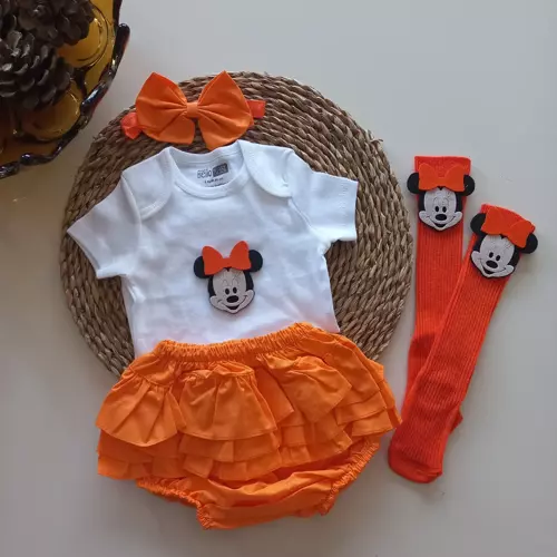 Kız Bebek Turuncu Fırfırşort Etek Bandana Minnie Mouse Figür Çorap Set