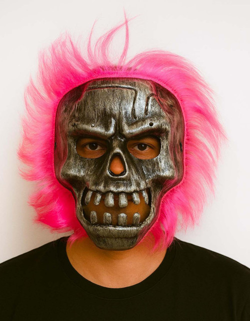 Gümüş Kafatası Pembe Saçlı İskelet Maske