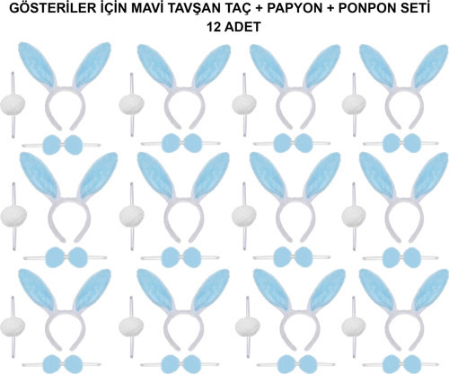 Mavi Tavşan Kostüm Seti – Taç, Papyon, Ponpon (12’li Paket)