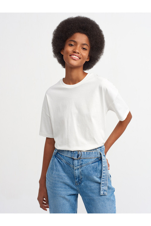 Kadın Bisiklet Yaka Rahat Kesim Ekru T-Shirt - 101A03683
