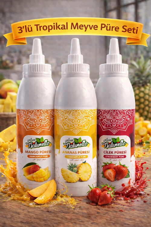 Tropikal Meyve Püre Seti 3x1000 ml – Mango, Ananas, Çilek