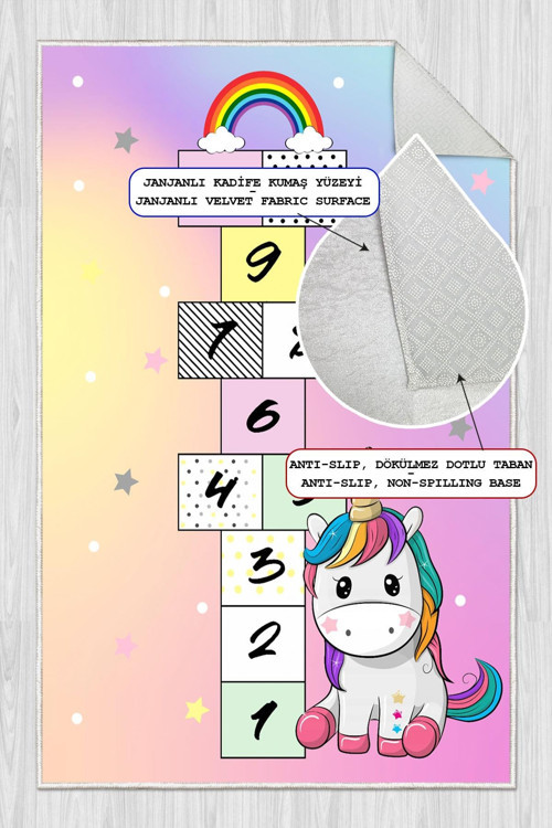 Dijital Baskılı Dekoratif Kaymaz Taban Yıkanabilir Unicorn Temalı Seksek Çocuk Halısı
