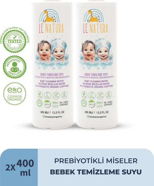 Durulanmayan Bebek Miseler Temizleme Suyu 2x400 ml, Organik & Prebiyotikli, Islak Mendil Alternatifi, Hassas ve Atopik Ciltlerle Uyumlu