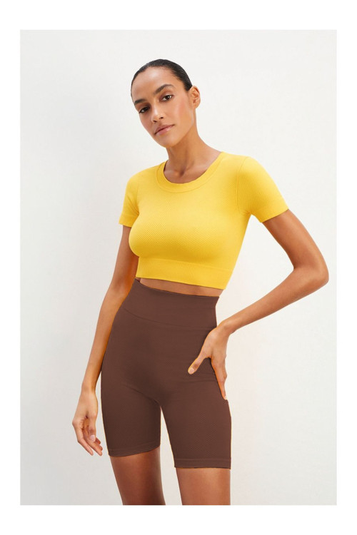 Felolin Model Örme Seamless Şort Biker Şort Yüksek Bel Toparlayıcı Şort Kahve Renk