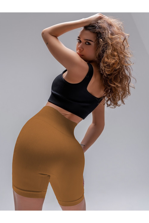Dublin Model Yüksek Bel Fitilli Seamless Biker Şort Caramel Renk027