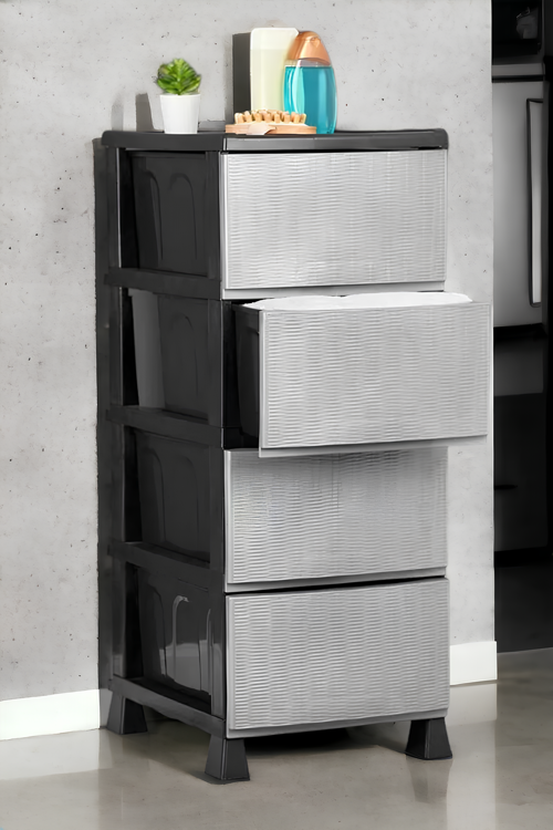 Büyük Boy 4 Katlı Hasır Kapaklı Çok Amaçlı Şifonyer Sebzelik Komodin Düzenleyici 4 Çekmeceli