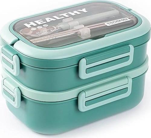 Yeşil Paslanmaz Dikdörtgen 2 Katlı Chopstıck ve Kaşıklı Yemek Taşıma Kabı 1.65L
