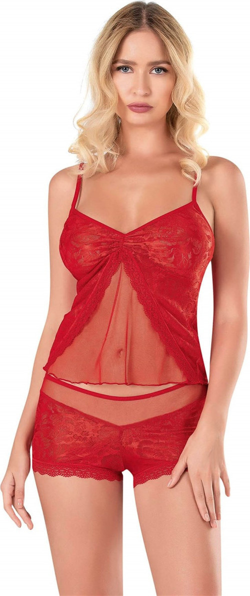 Kırmızı Jakarlı Babydoll Şort Takımı