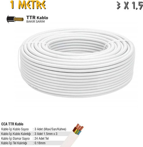 Elektrik Tesisat Kablosu - 3x1.5 CCA TTR 24x0.18 - Beyaz - 1 mt.