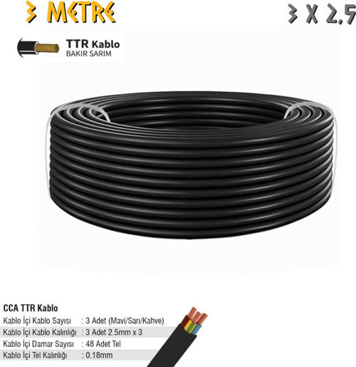 Elektrik Tesisat Kablosu - 3x2.5 CCA TTR 48x0.18 - Siyah - 3 mt.