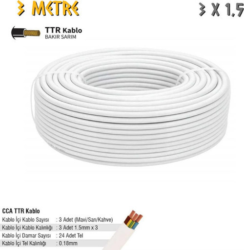 Elektrik Tesisat Kablosu - 3x1.5 CCA TTR 24x0.18 - Beyaz - 3 mt.