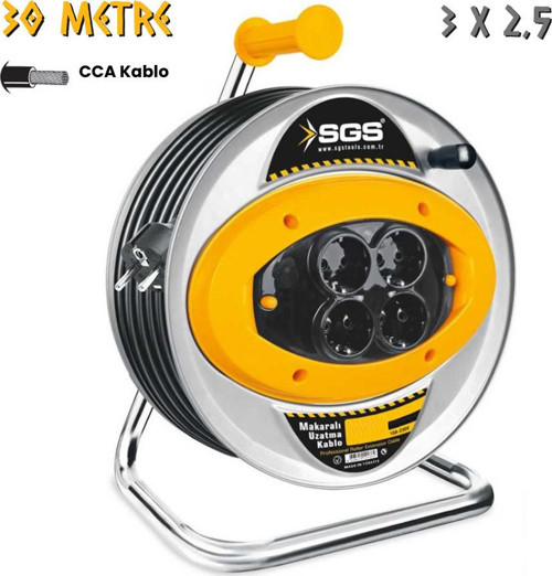 Metal Makaralı Uzatma Kablosu CCA 3x2.5 - Dörtlü Priz - 30 mt.
