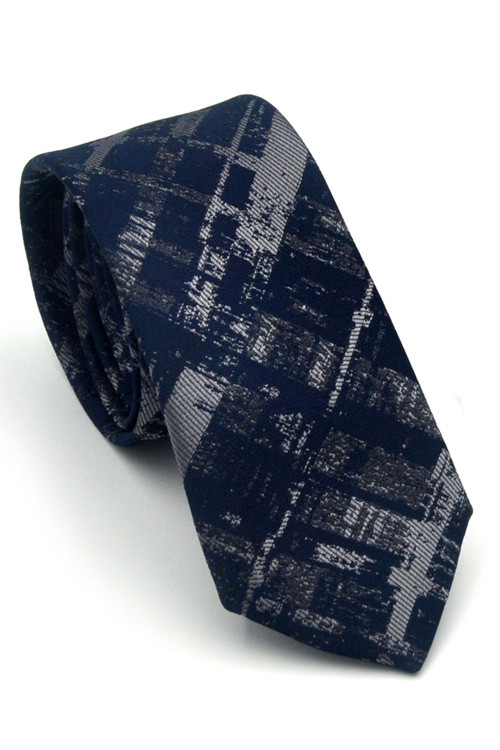 Füme Desenli Lacivert Dokuma Kumaş Mendilli Slim Fit Kravat // SDK-2601-2